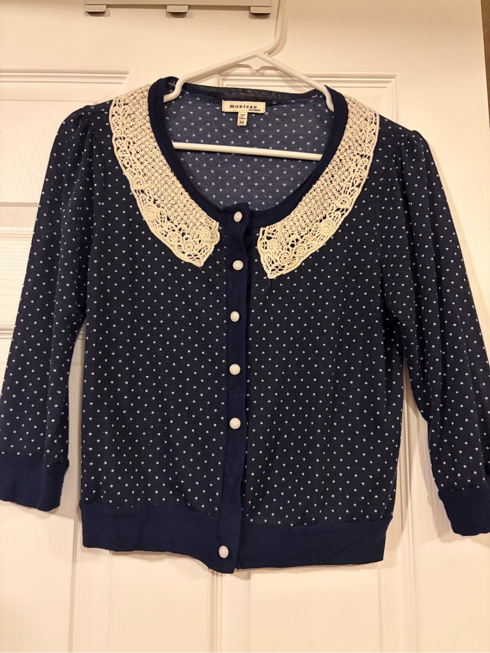 Montreux Navy Polka Dot Cardigan with Cream Lace Collar